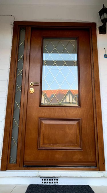 Golden Oak Veneer Finish Security Doors with Leaded Glass