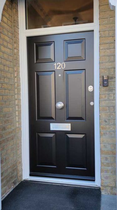 Large Black Security Doors with 6 Panel Design