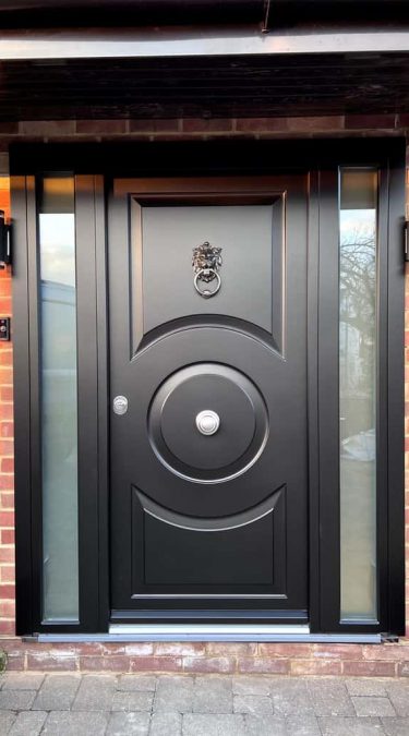 Knights Mark Security Doors Black with Circular Design and Lion Knocker