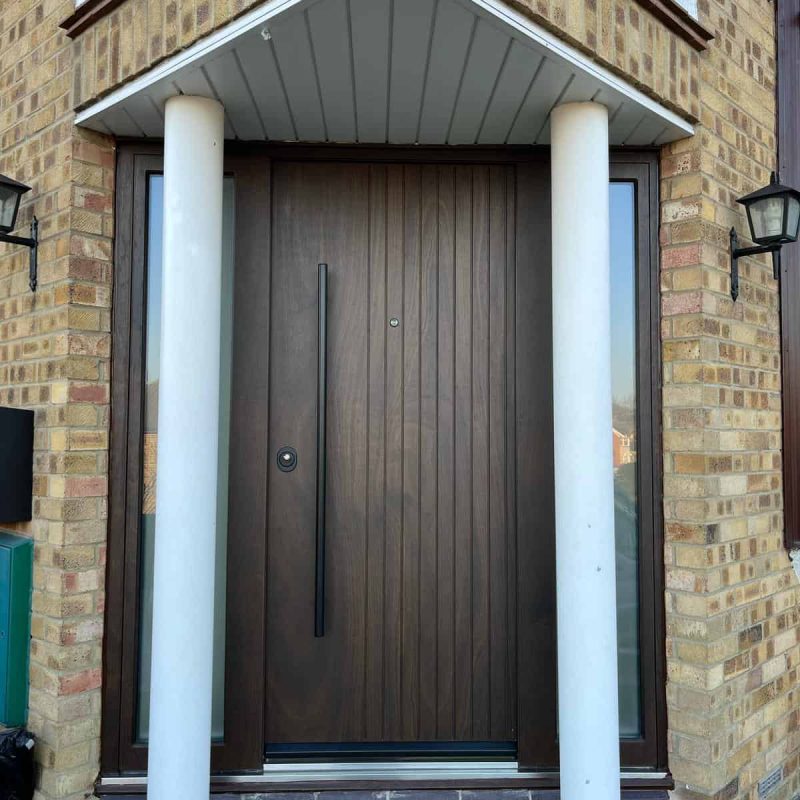 Okoume Finish Security Door with 2 Sidelights Satin Glass Okoume Finish Security Door with 2 Sidelights Satin Glass